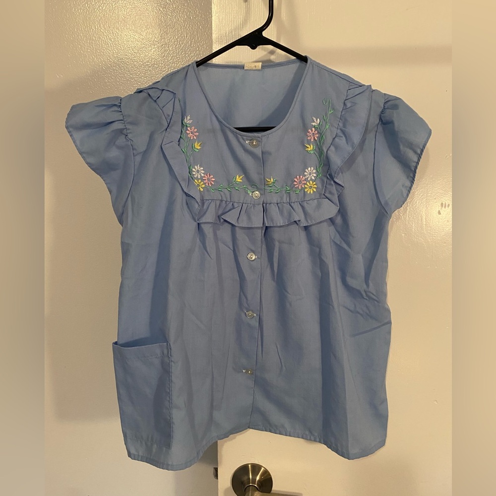 Vintage Blue Ruffled Blouse with Floral Embroidery